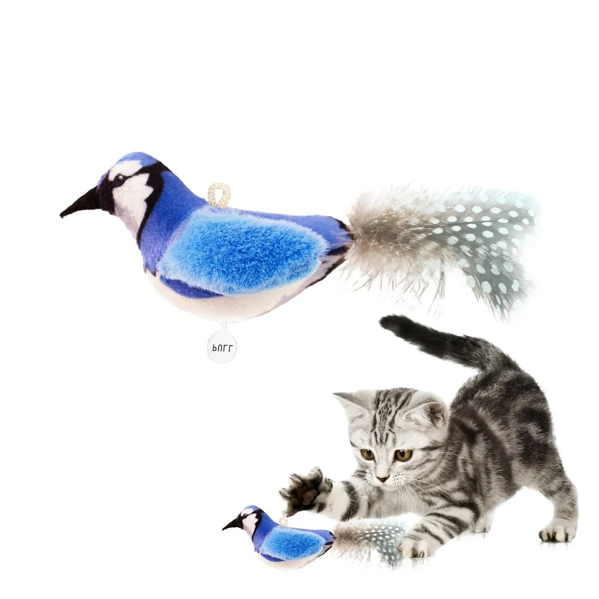 Plush bird simulation cat toy in colourful bird design for interactive pet play