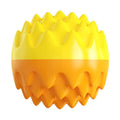 Blue and orange rubber dog ball with spiky texture for dental cleaning and squeaky sounds