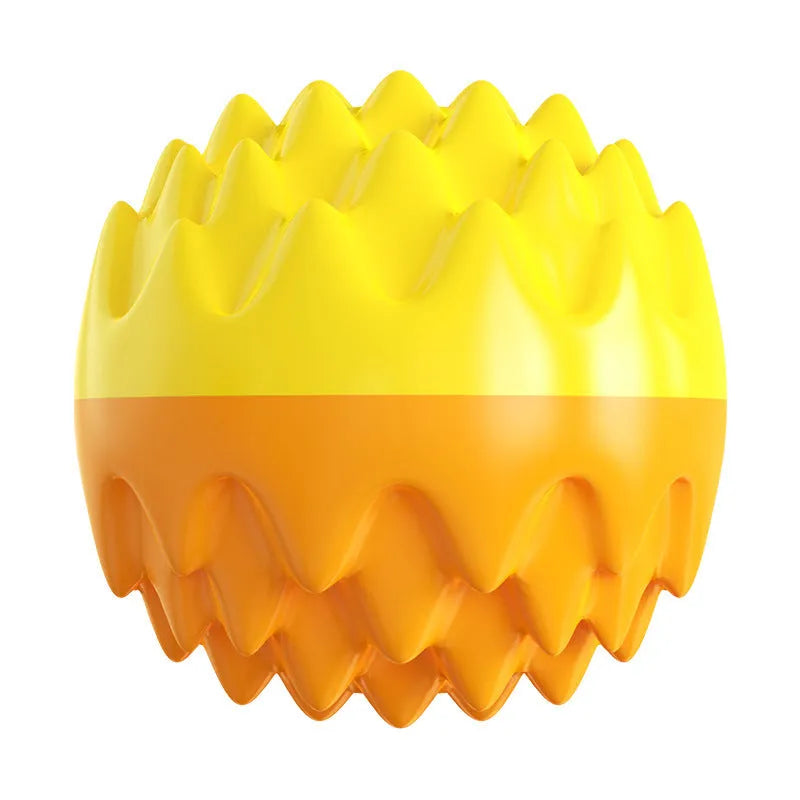 Blue and orange rubber dog ball with spiky texture for dental cleaning and squeaky sounds