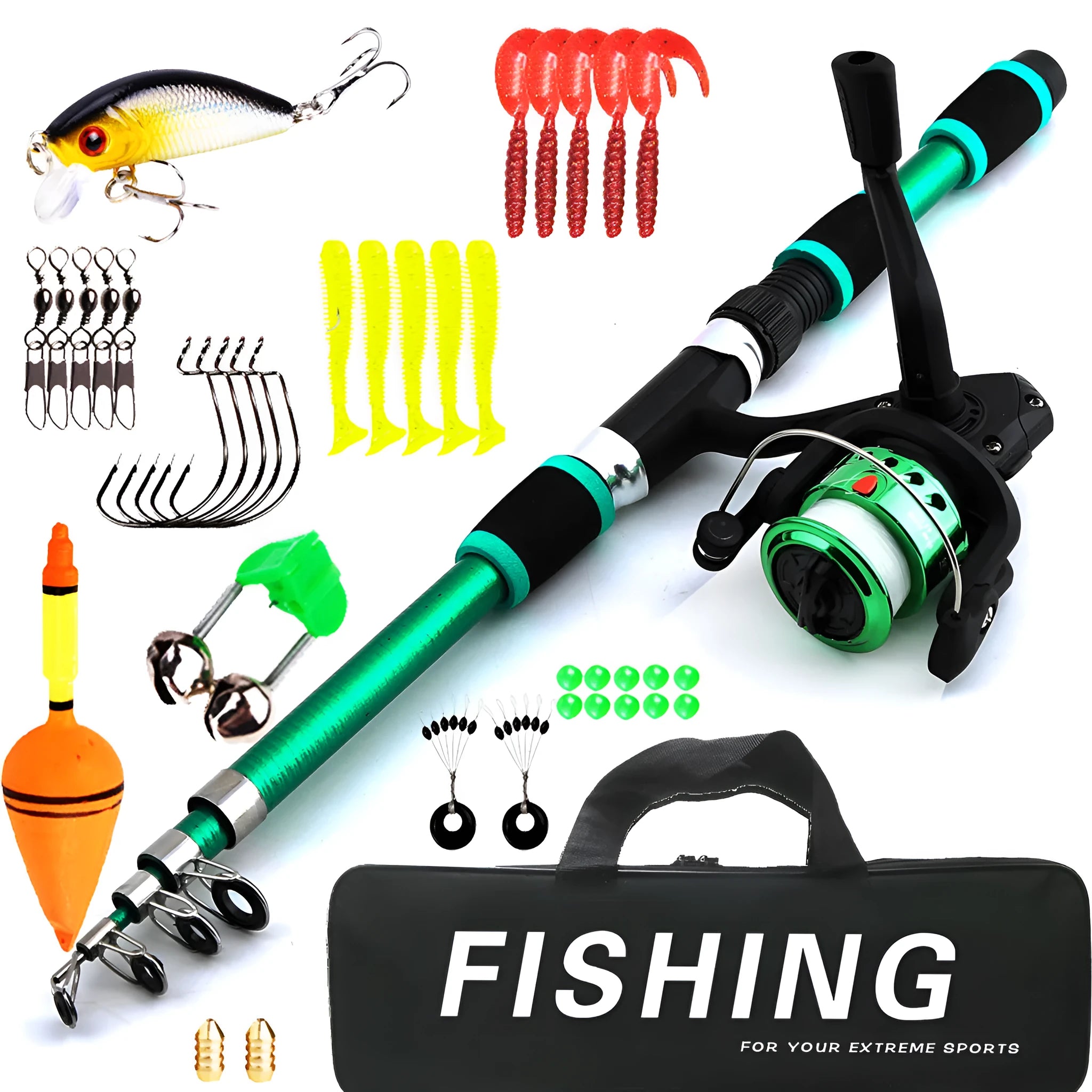 Children's fishing rod and reel combo set in green colour with bait accessory box