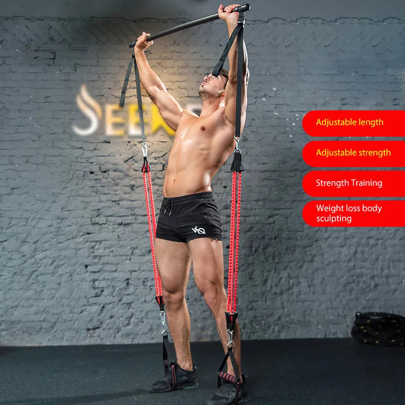 Body workout trainer bar with resistance bands, 100cm pole, rubber buckles, A4 colour style for strength training