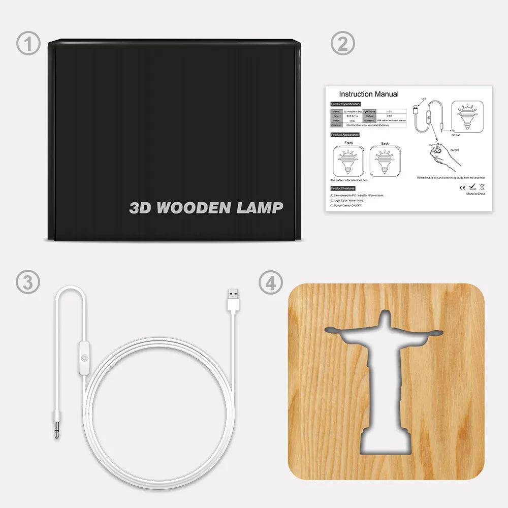 Solid wood hollow night lamp with warm white LED light, USB cable, and button switch on a wooden table