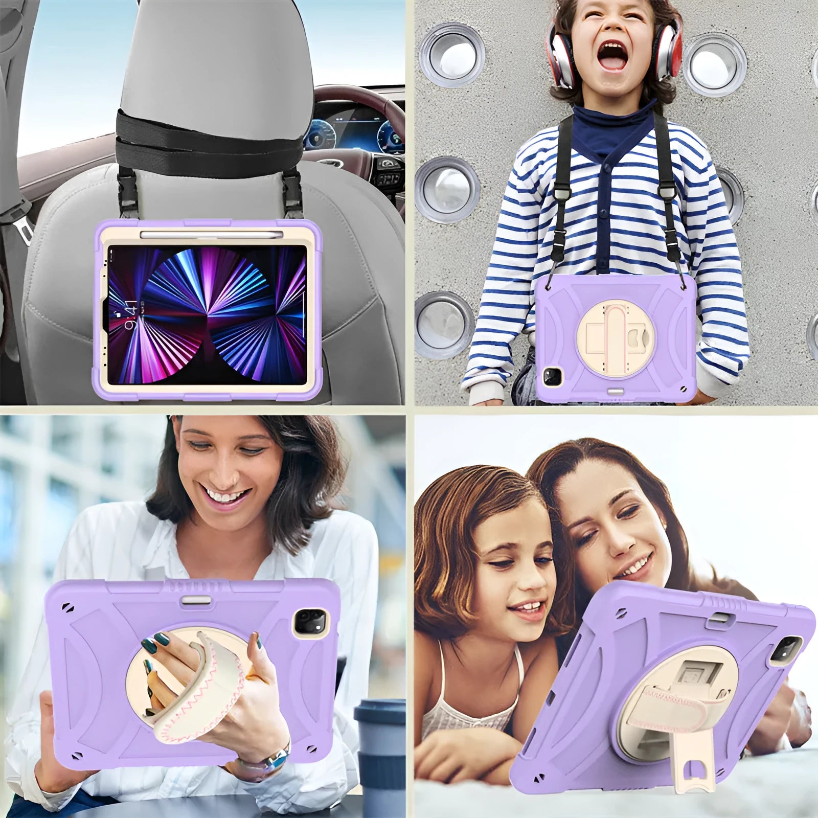 Silicone iPad protective case with a built-in rotating kickstand bracket and a magnetic carrying strap.