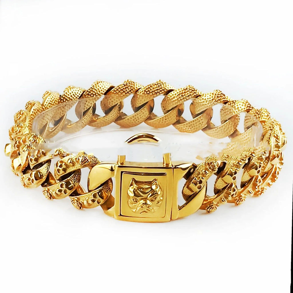 Stainless steel skull dog collar necklace in gold finish with 32mm width and chain links