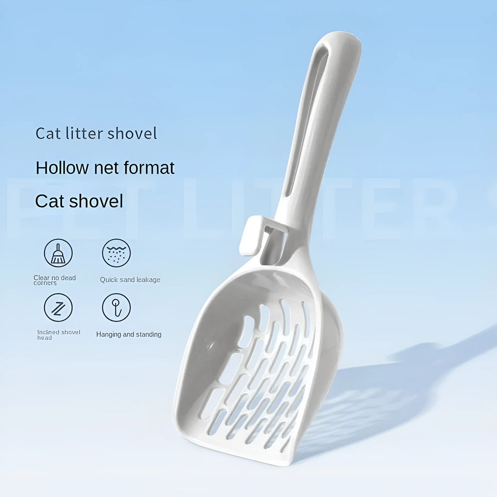 Grey plastic cat litter scoop with removable self-cleaning base for waste collection