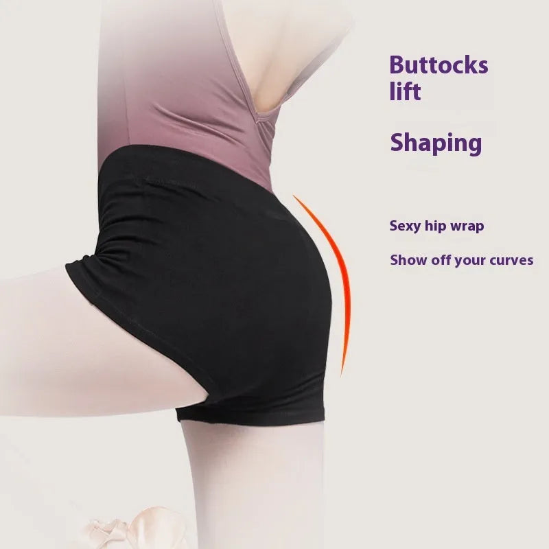 Black cotton women's ballet practice shorts laid flat, solid colour.