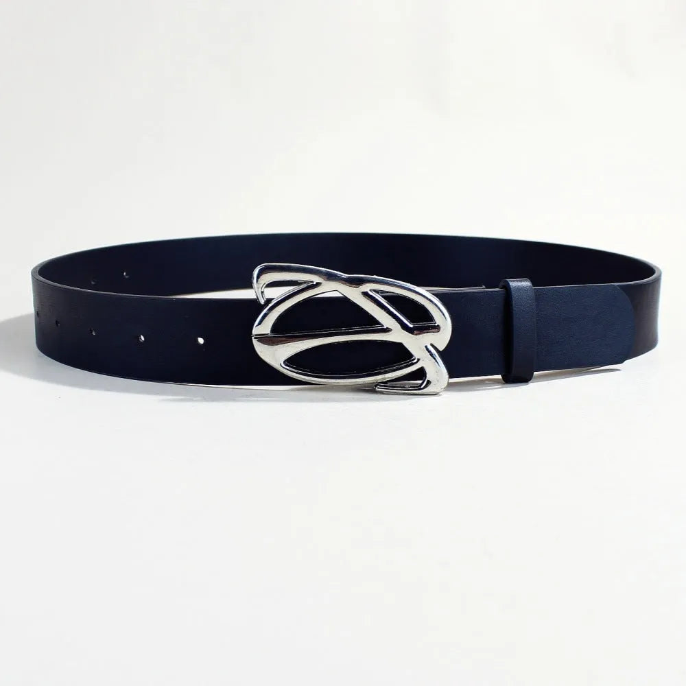 Silver buckle casual belt with PU leather strap showing snap button fastening