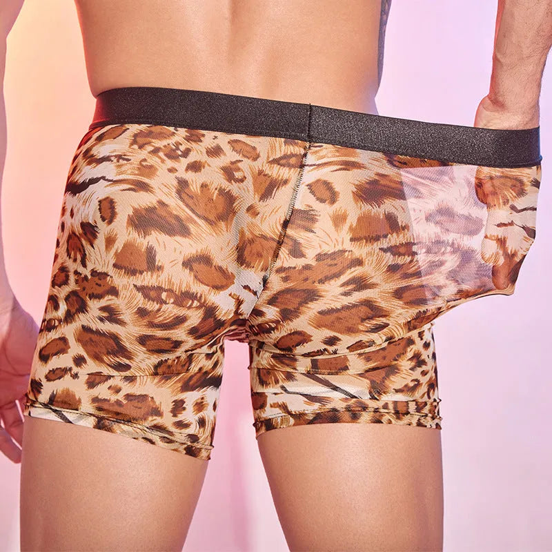 Men's leopard print boxer shorts showing animal pattern on nylon fabric