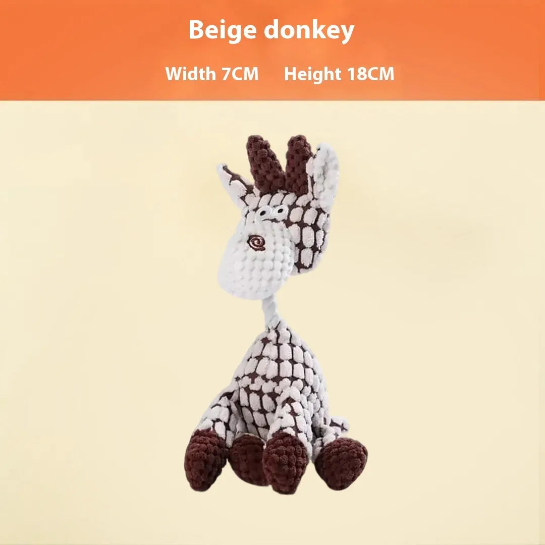 Assortment of soft plush pet toys: donkey, rechargeable duck, blue elephant, dizzy dog, and blink elephant.