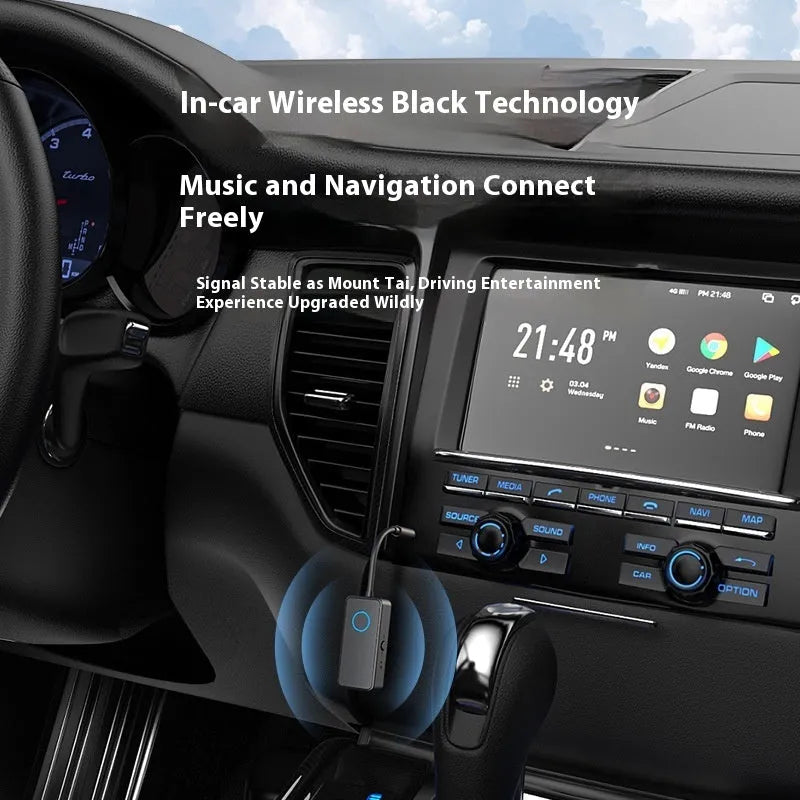 Black Bluetooth 5.4 audio adapter with flexible 3.5mm aux plug for wireless car and home audio connectivity