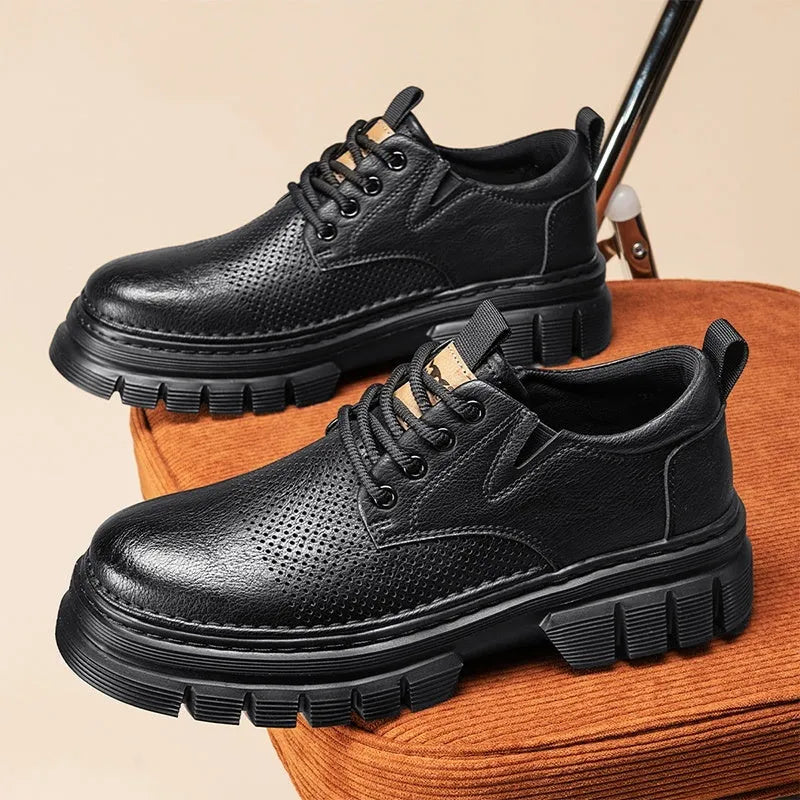 Genuine leather breathable platform height increasing lace-up casual shoes in black, two-layer cowhide upper, low heel under 3cm, rubber sole