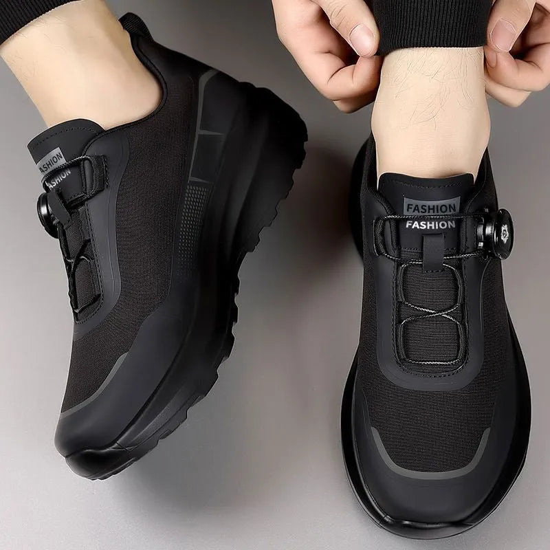 Men's breathable hollow out casual sneakers with rotating button lace-up, black colour, cloth upper and thick platform sole