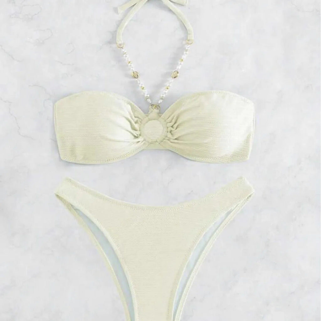 Women's halter bikini set in solid creamy-white colour with polyester spandex fabric