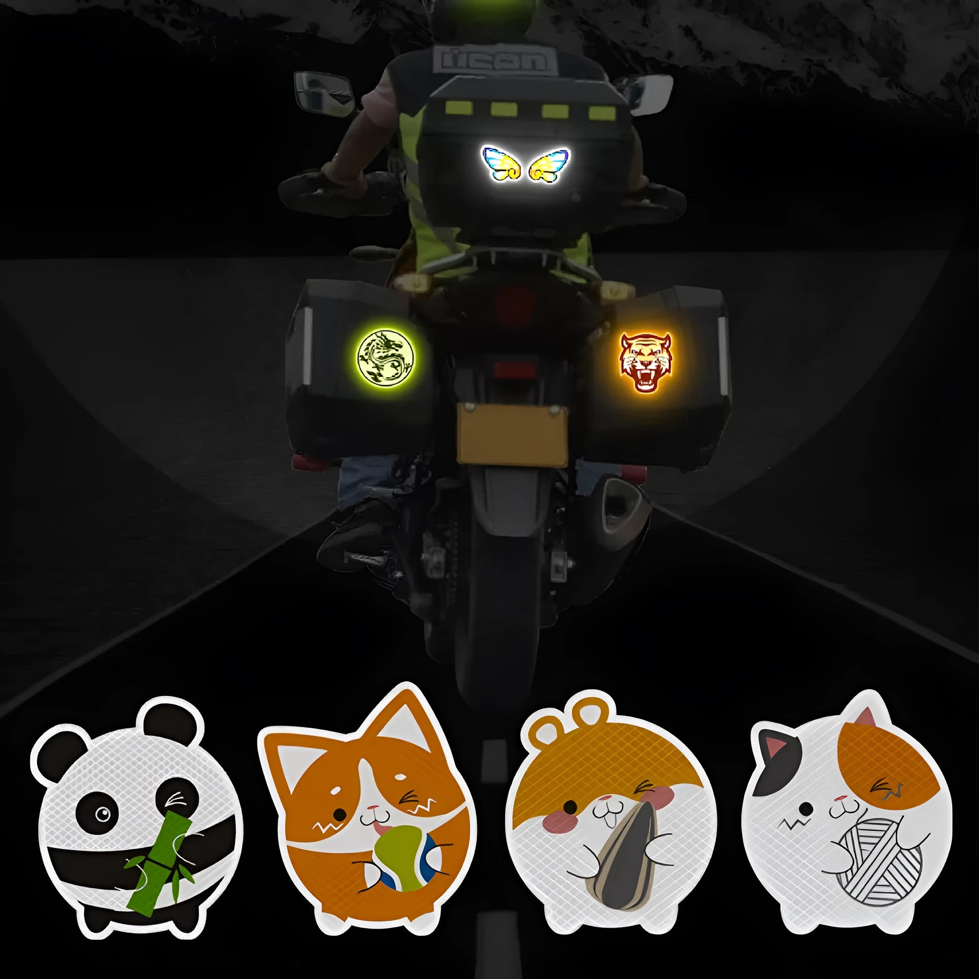 Pair of diamond-grade reflective warning stickers for automobile and motorcycle safety, measuring 9cm by 5cm