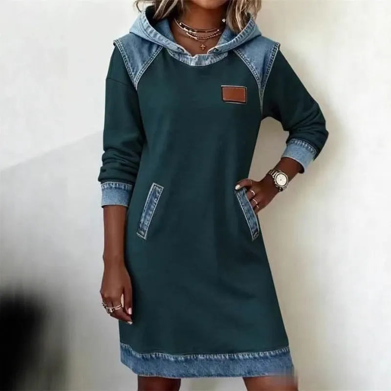 Ladies colour block hoodie skirt with contrast stitching and raglan sleeves in peacock green