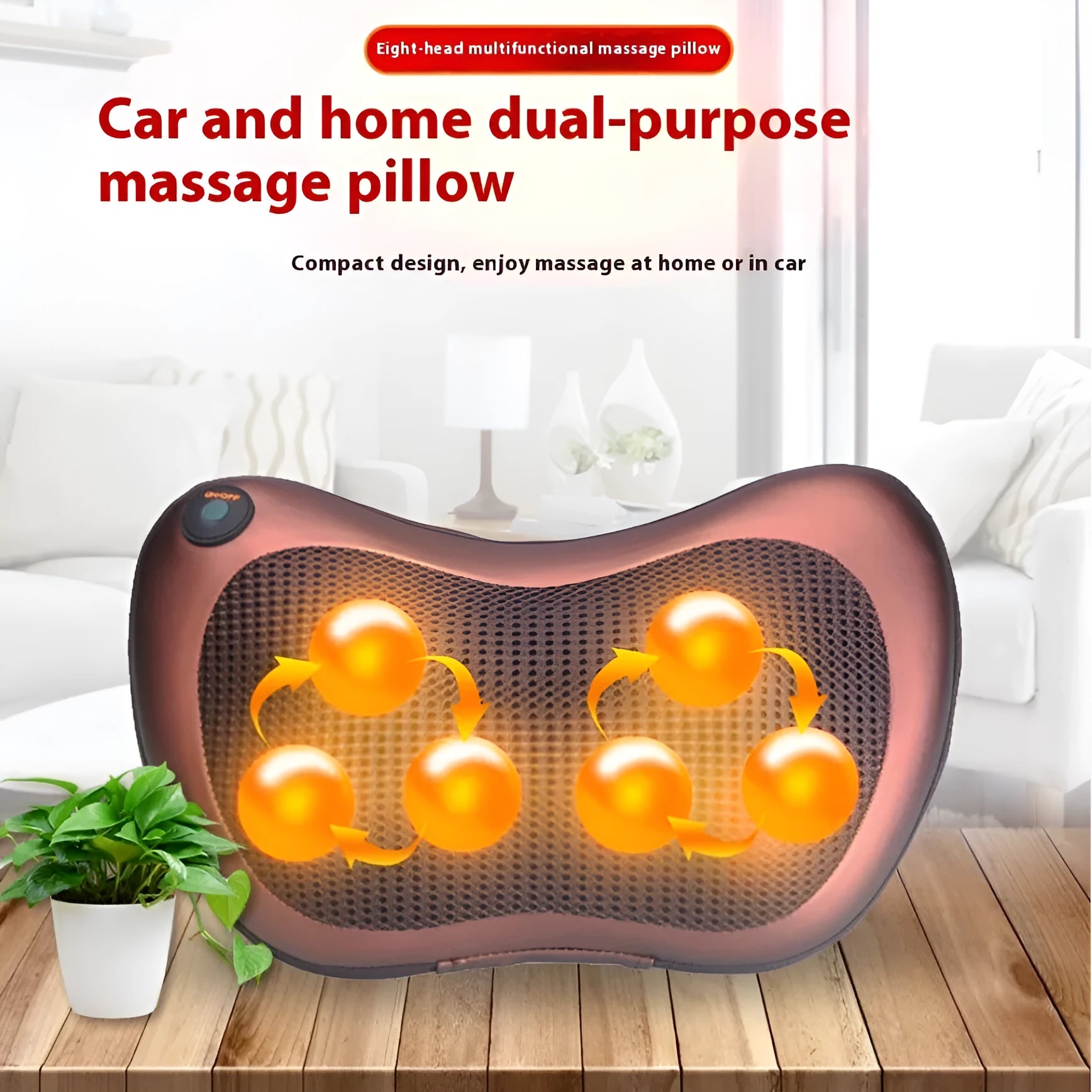 Smart shoulder neck massager pillow with 8 heads in genuine leather brown colour for car and home use