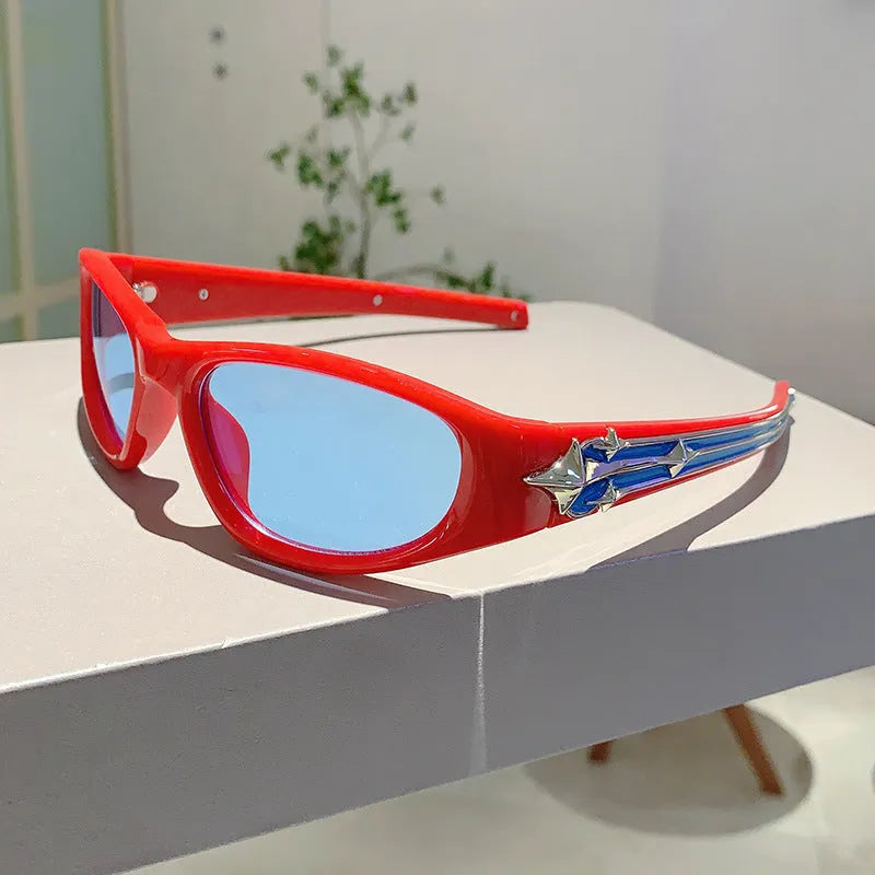 Outdoor sports sunglasses with PC frame and lenses in a choice of six colours including black frame blue lens.