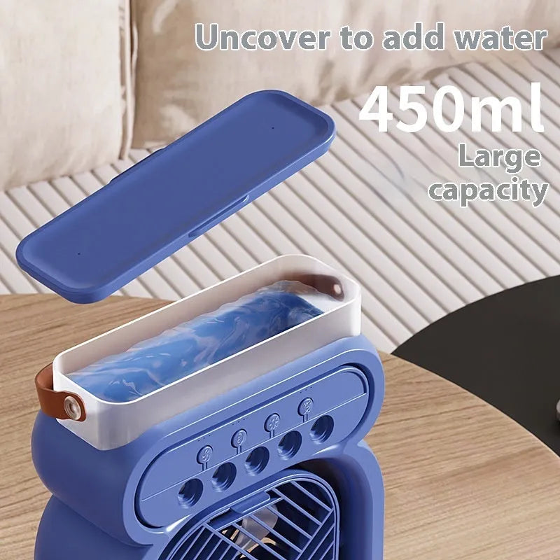 3 in 1 portable evaporative air cooler with LED night lights and USB cable on desk