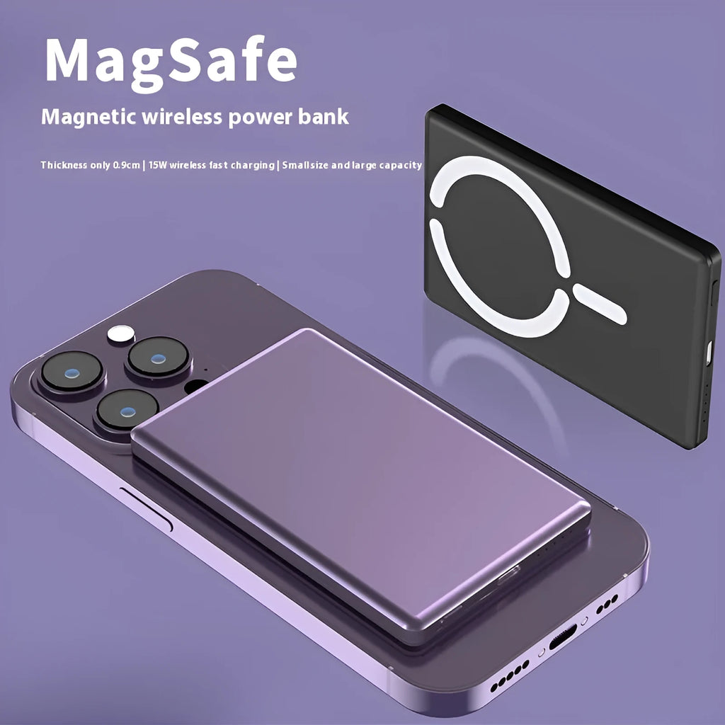 Ultra-thin 9mm magnetic power bank in black alloy shell showing compact size