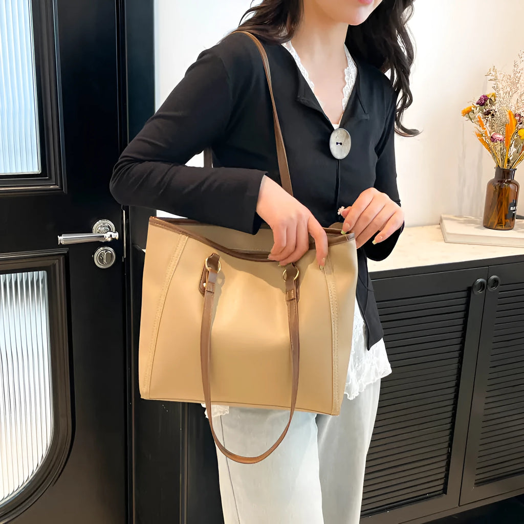 Retro contrast colour large capacity PU tote bag in horizontal square shape with slit pocket