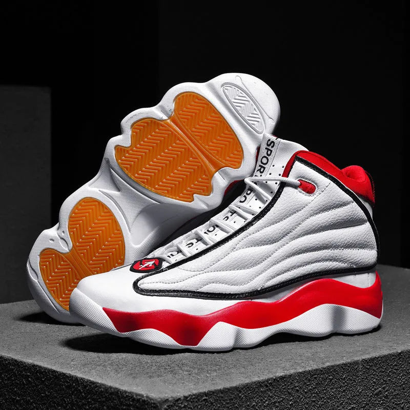 Men's high-top basketball shoes with thick rubber sole and mesh upper in white and red colourway.