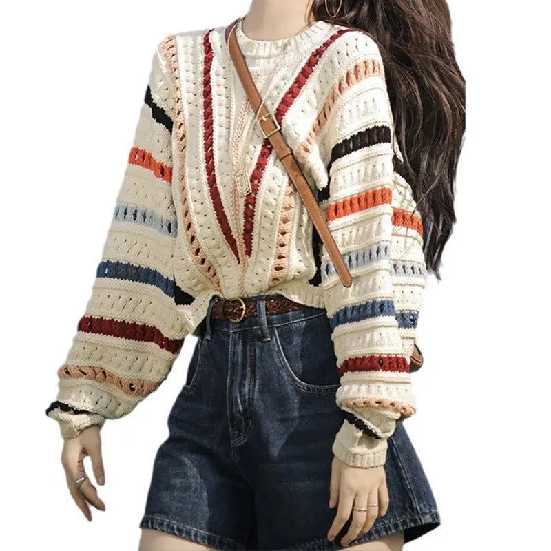 Rainbow striped loose fit pullover sweater with batwing sleeves in retro style