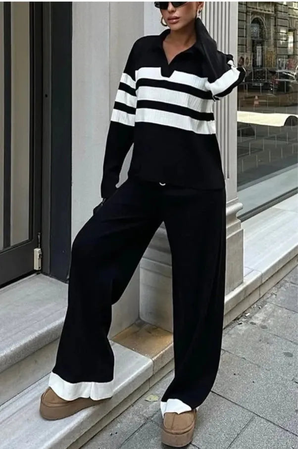 Women's black and white striped knitted polo collar shirt with matching trousers two-piece set