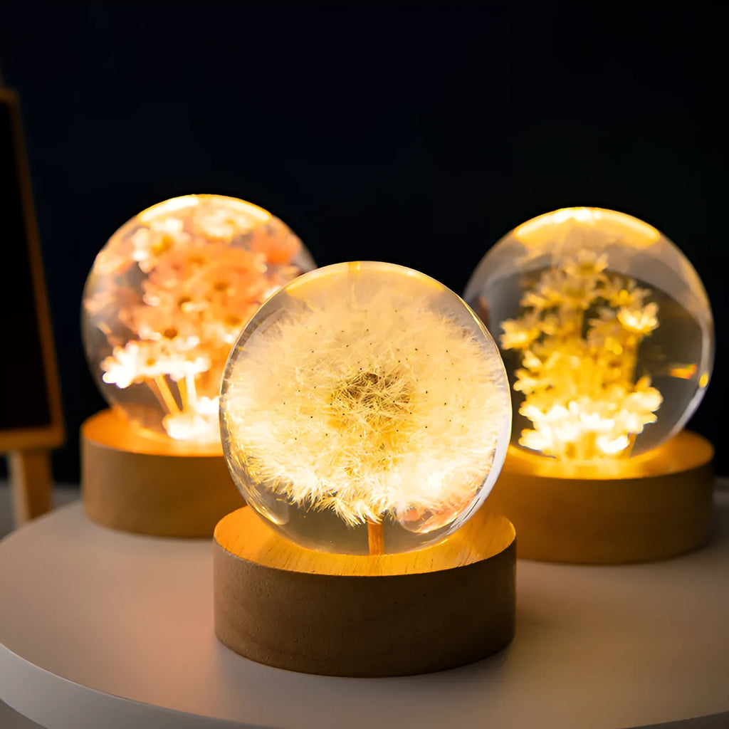USB dandelion crystal ball night light on beech wood stand, 6cm diameter.
