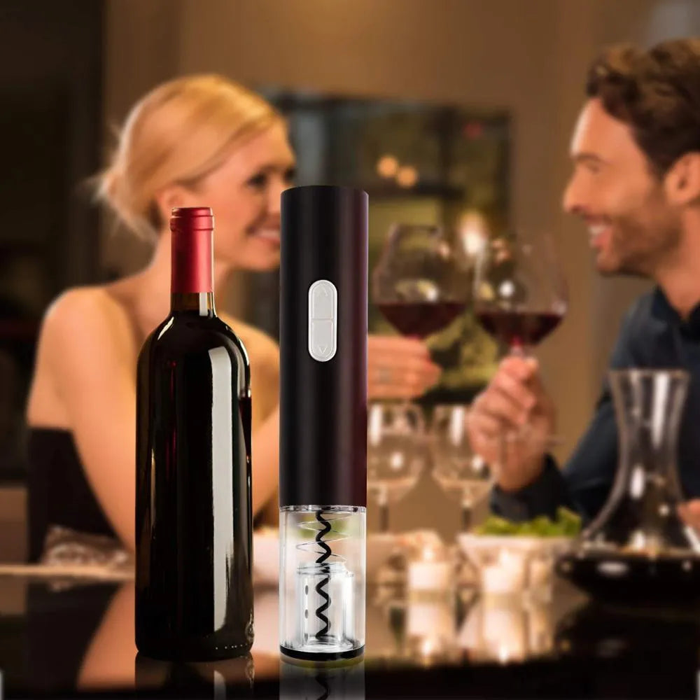 Automatic electric wine opener with foil cutter in black, red and white colour options.