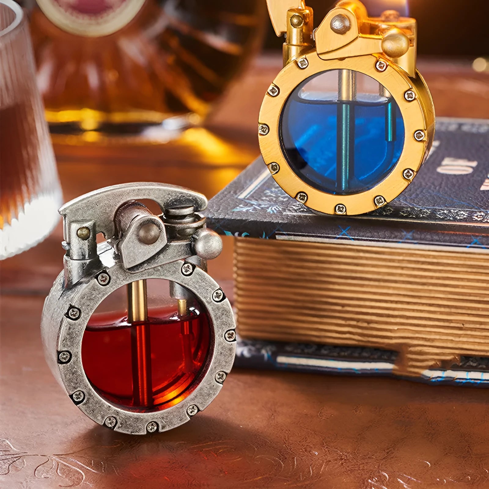 Metal rocker arm kerosene lighter with round transparent fuel tank zinc alloy body gold drawing finish