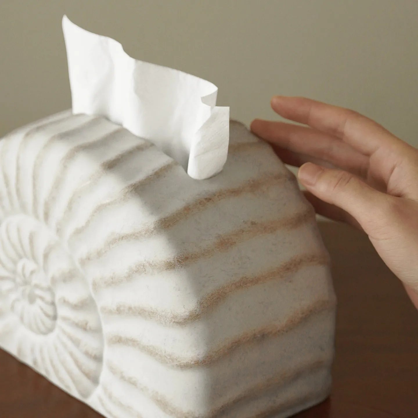 White conch shell shaped resin cover for a rectangular tissue box with a slot for tissue dispensing.