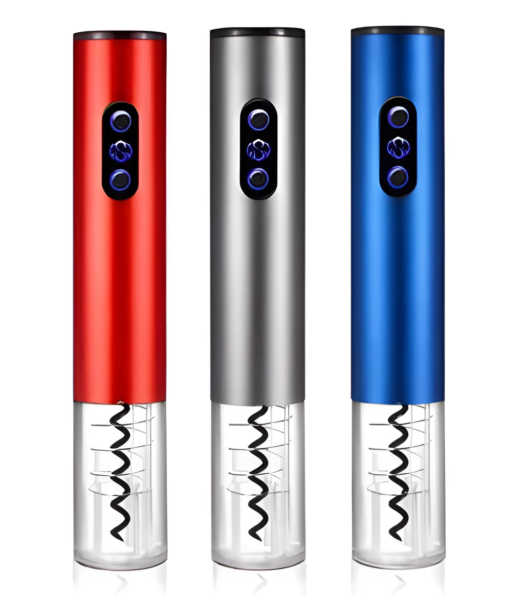 Silver automatic electric wine opener with foil cutter on a kitchen counter next to a red wine bottle