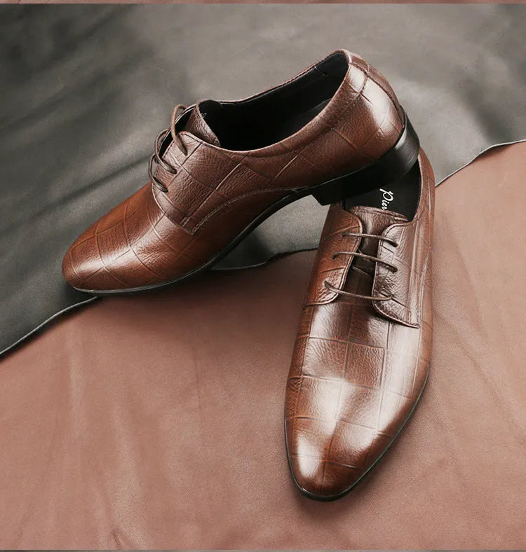 Men's black and coffee brown cow leather derby shoes with pointed toe and hand-sewn detailing