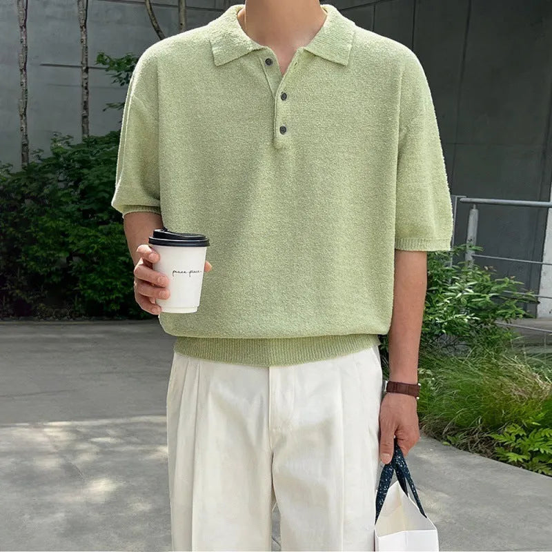 Men's caramel retro knitted polo shirt with asymmetric design details and short sleeves