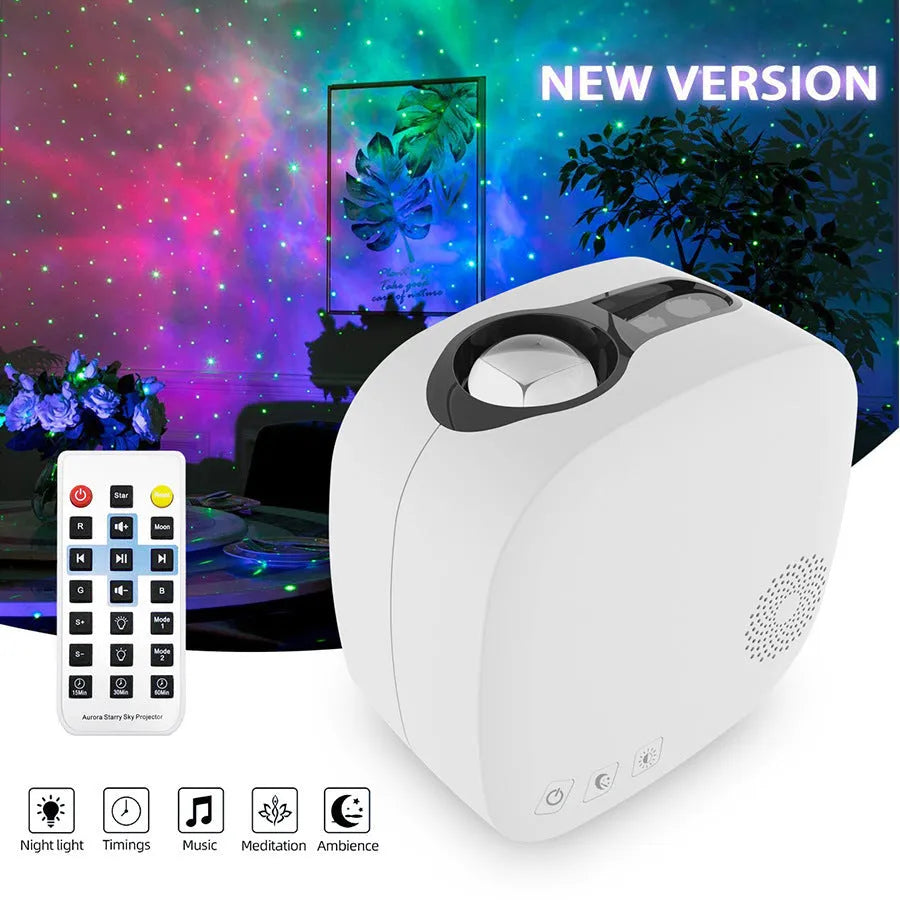 Laser starry sky projection lamp showing colourful nebula and moon pattern, black finish, with USB power cable