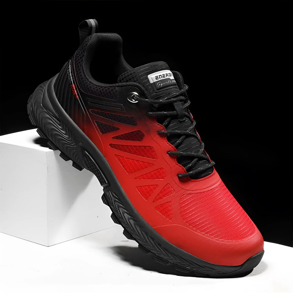 Men's plus size black mesh outdoor running shoes with round toe and lace-up front on neutral background
