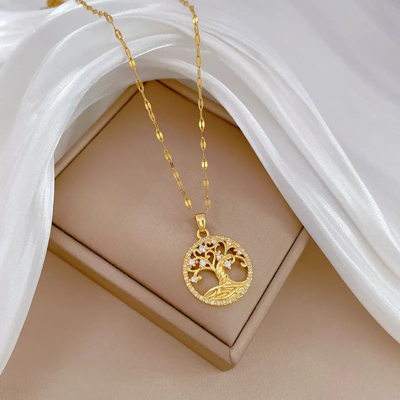 Gold-plated cross necklace with mother pearl pendant featuring zircon lucky tree design on adjustable chain