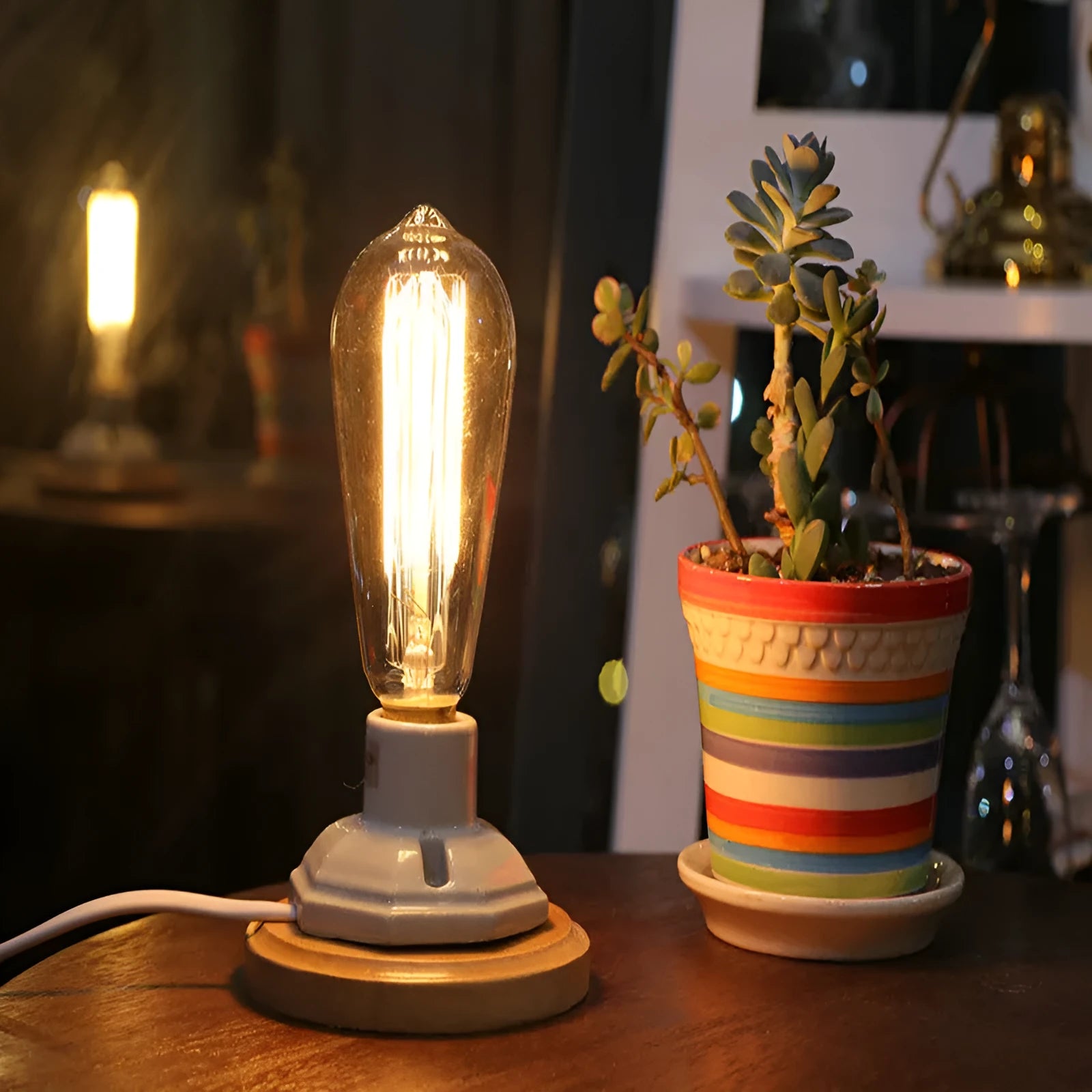 Retro wood table lamp with glass shade, electroplated finish, and dimmer switch for living room use