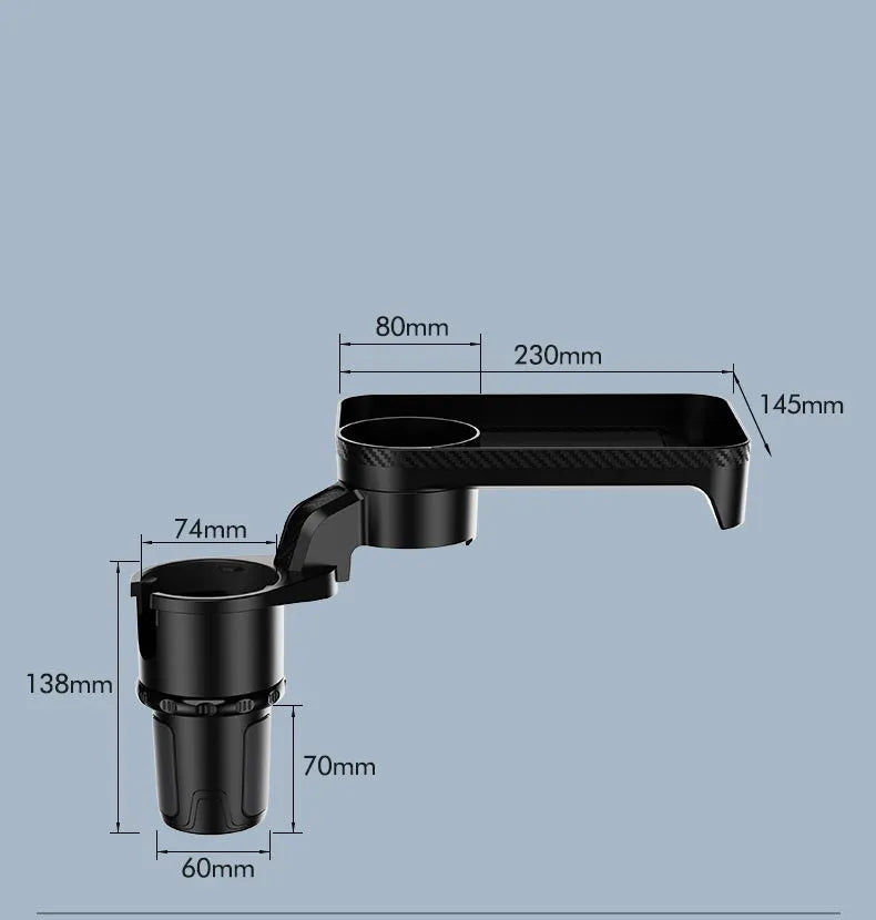 Black car-mounted rotating dinner tray holder with cup holder attachment