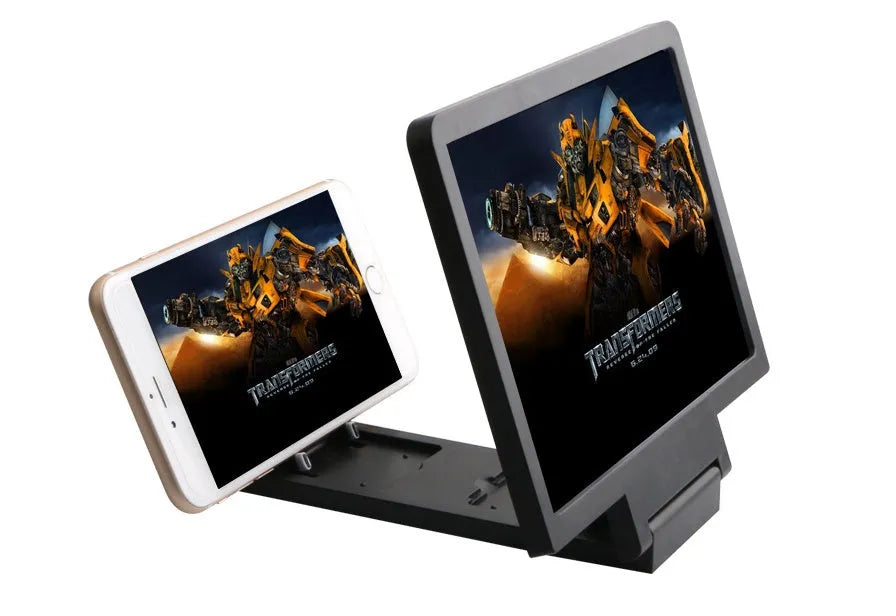 Portable 18cm screen amplifier for mobile phones and tablets, available in black or white, folded for travel