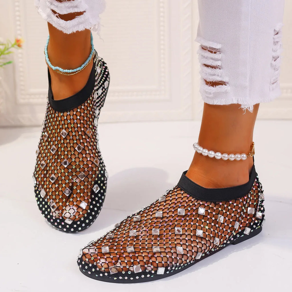 Women's colourful mesh flat sandals with rhinestone decoration and round toe