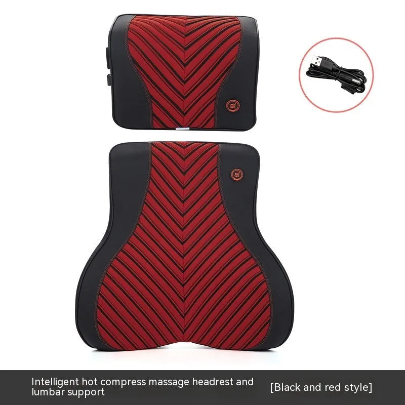 Car electric massage heating headrest lumbar support pillow with memory foam in black and orange
