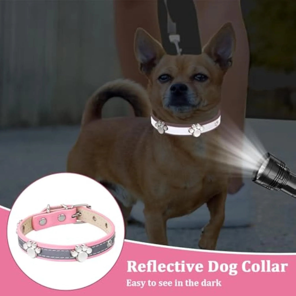 Reflective adjustable dog collar made of brown PU leather with a metal buckle and paw-shaped rivets.