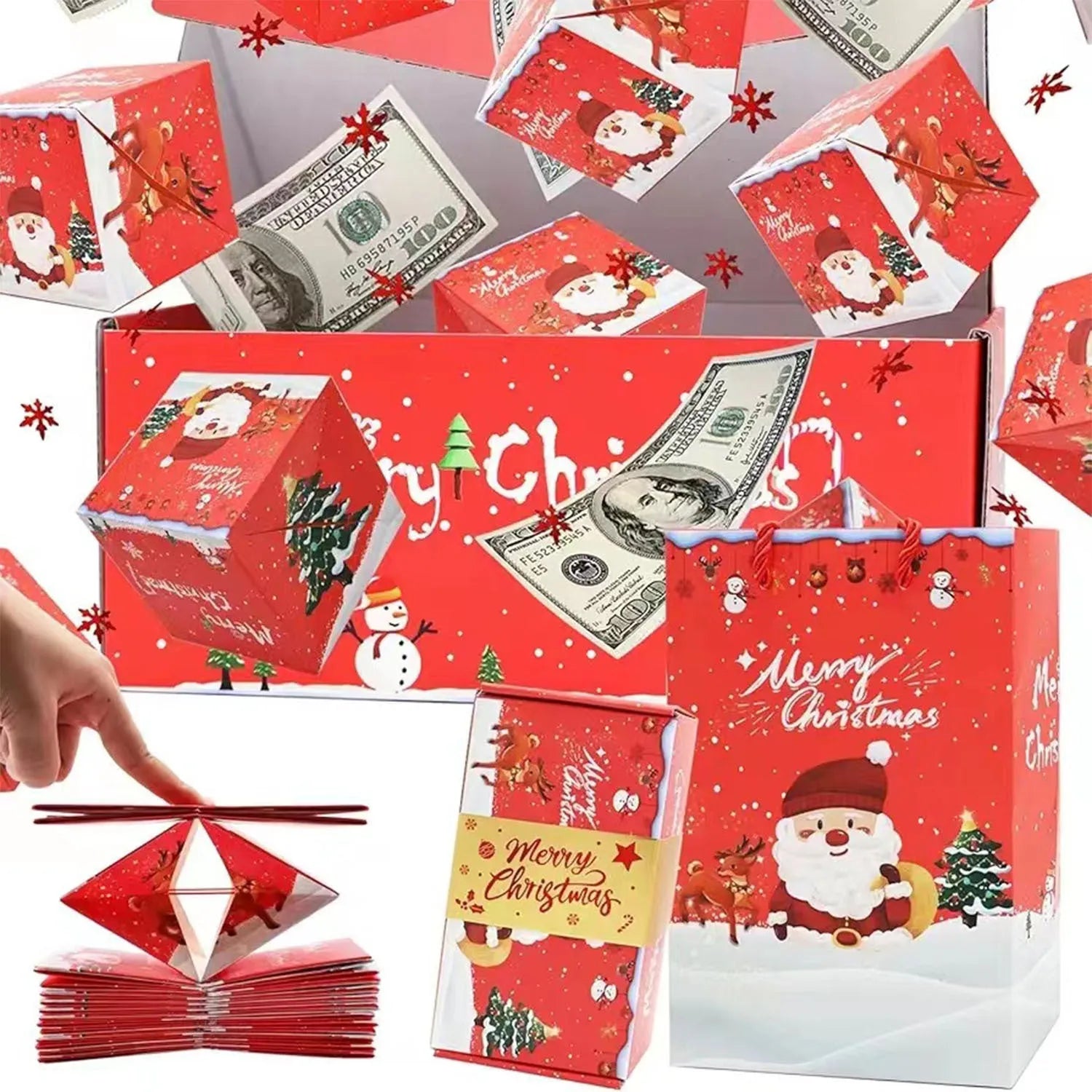 Santa snowman surprise box creative gift set with paper bounce boxes gift box and gift bag red and green colours