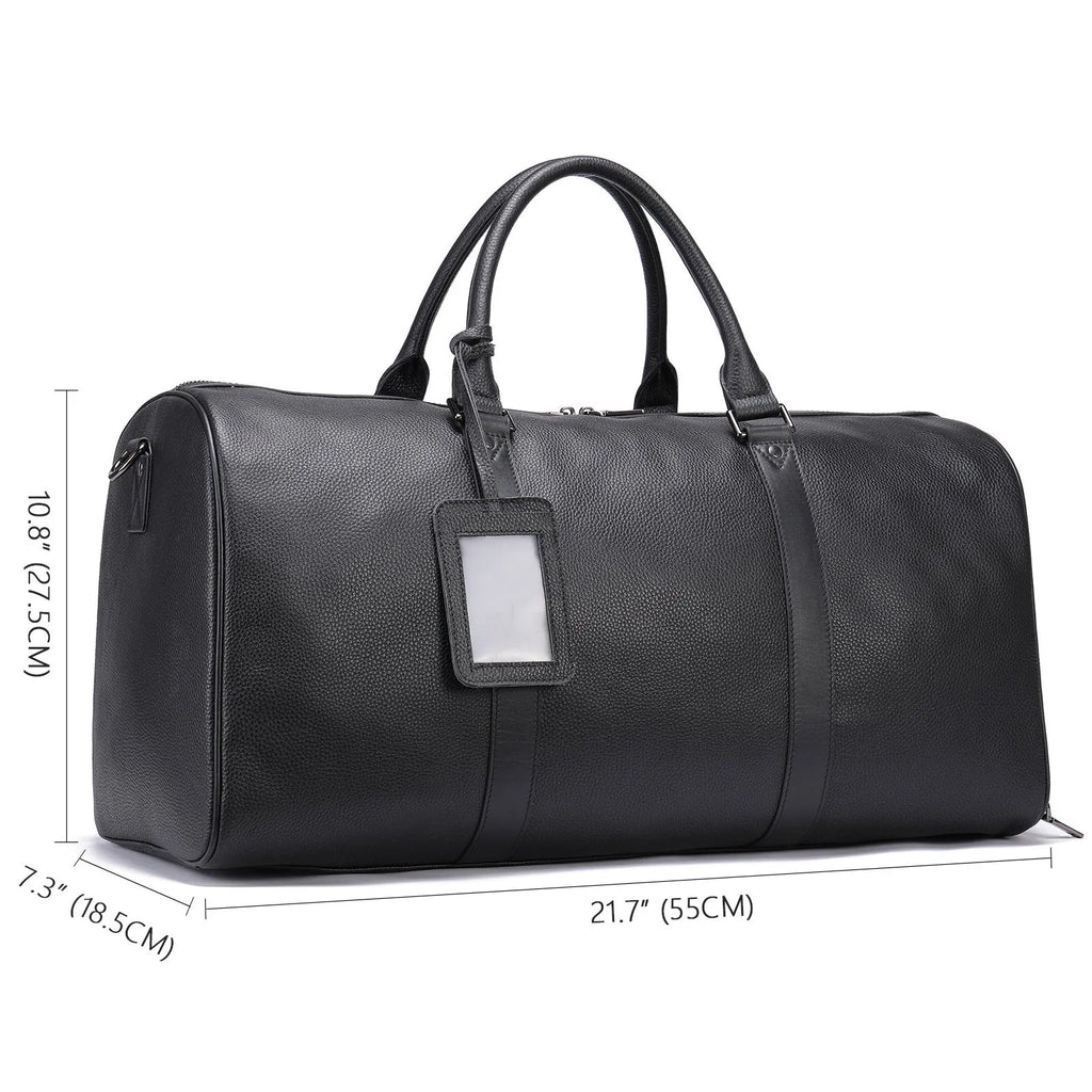 Men's black leather excursion tote bag with single shoulder strap