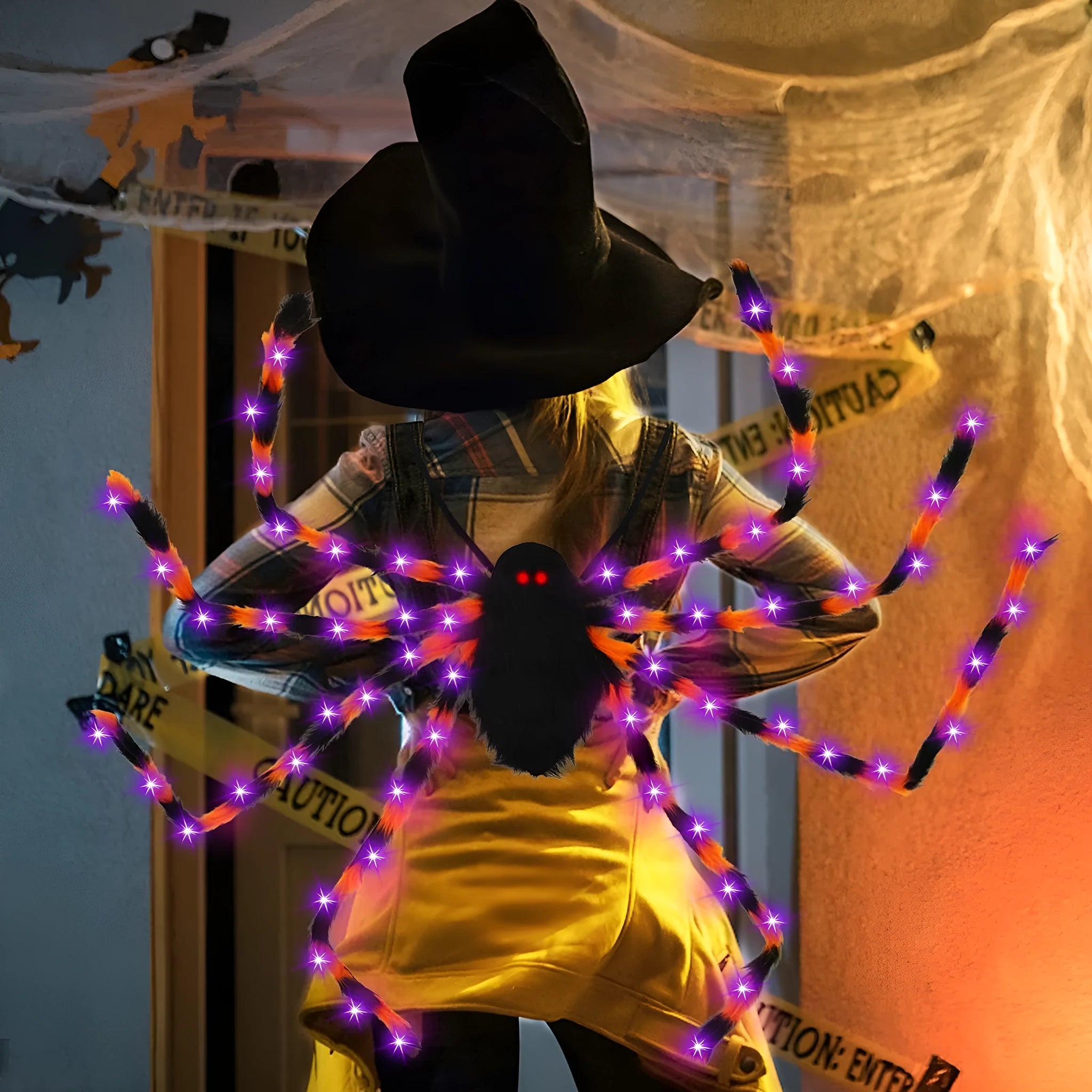 Halloween spider backpack with LED lighting in plush sugar bag construction