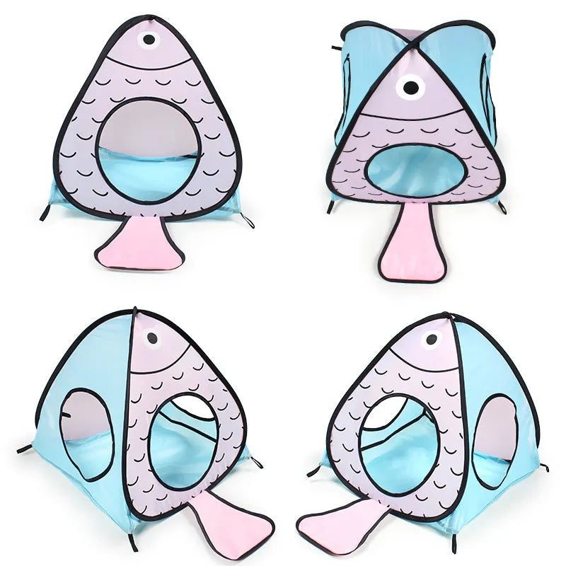 Foldable pet tent cat tunnel three-piece set with cat and fish designs