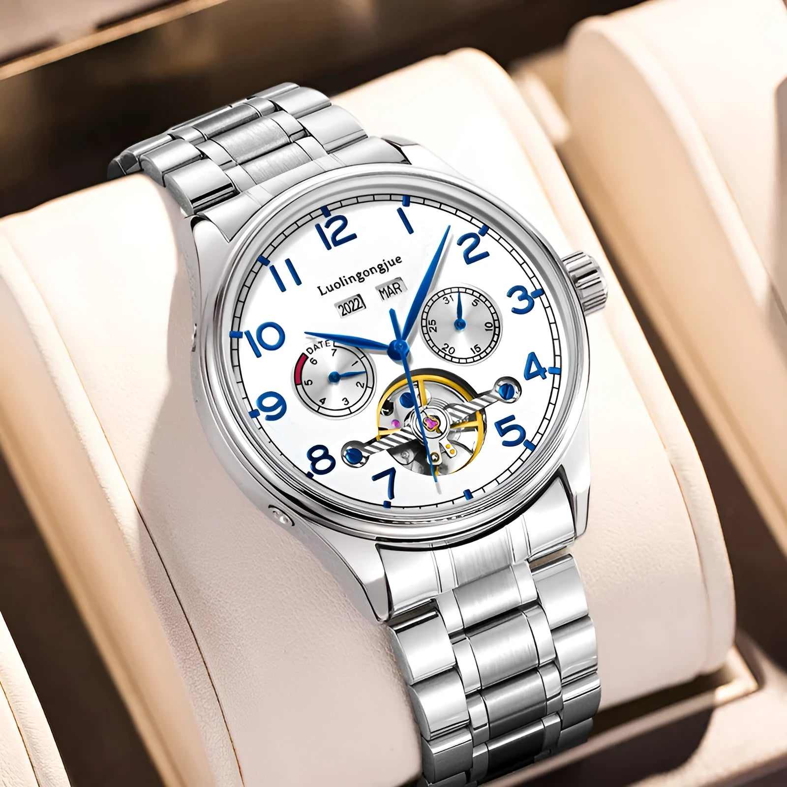 Business hollow men's mechanical watch with sapphire crystal glass and stainless steel case