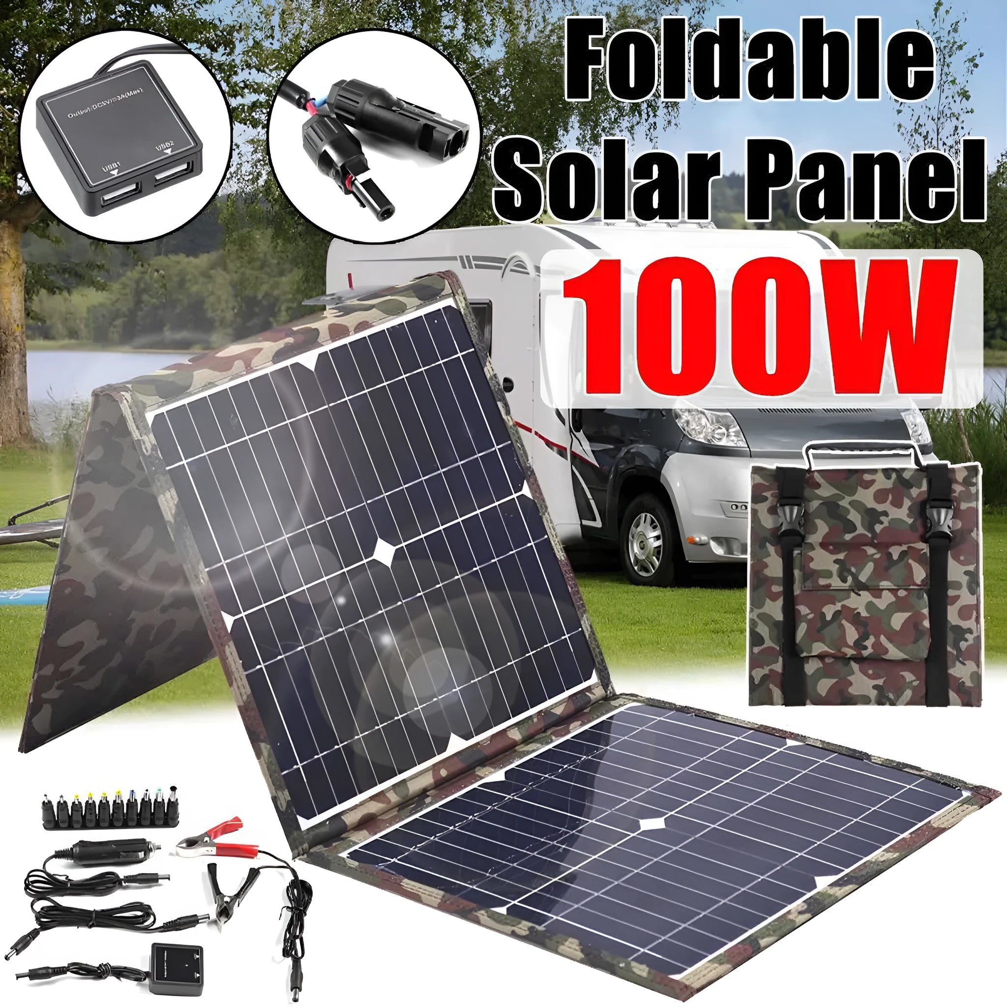 Black foldable 36W portable solar panel unfolded with included charging accessories