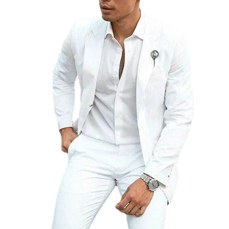 White men's slim fit two-piece wedding suit with cotton acetate fabric